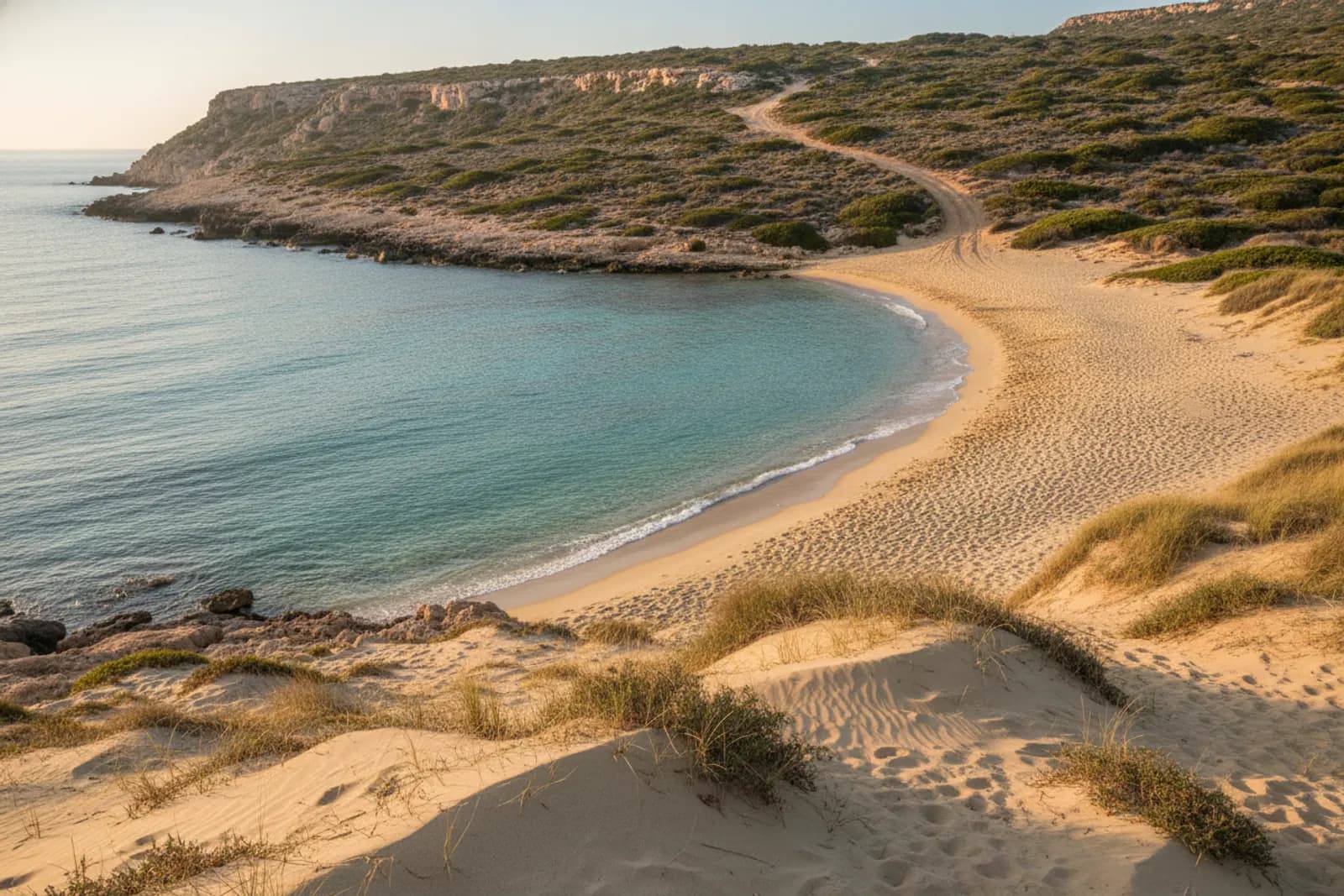 Empty sandy bay with low dune plants and turquoise sea on the Akamas coast of Cyprus in early-morning light